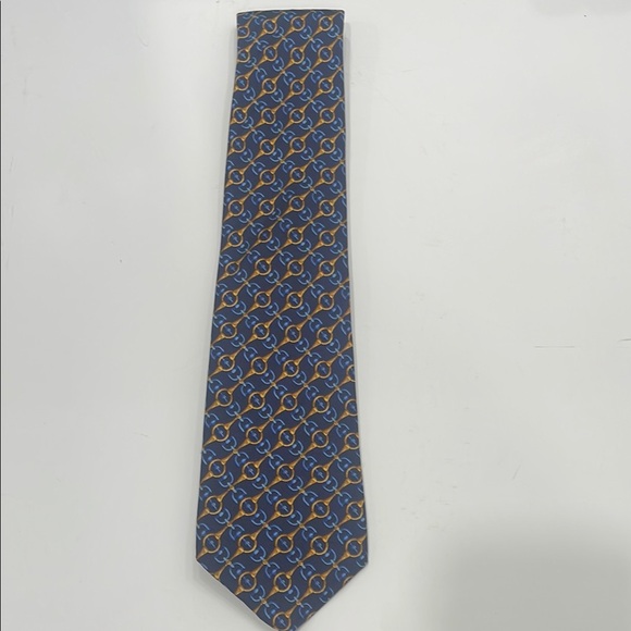 Burberry Elegant Blue and Gold Patterned Men's Tie - Picture 1 of 8
